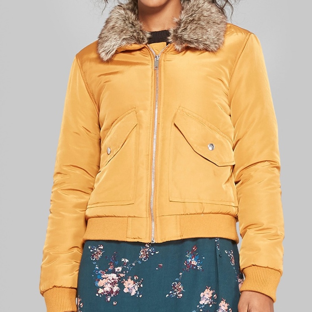 New Removable faux fur collar bomber Jacket -Camel - Picture 2 of 8